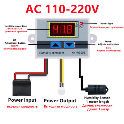 XH-W3005 DC 12V-220V 10A Bộ điều khiển độ ẩm kỹ thuật số 0-99 RH Hệ thống giám sát phạm vi