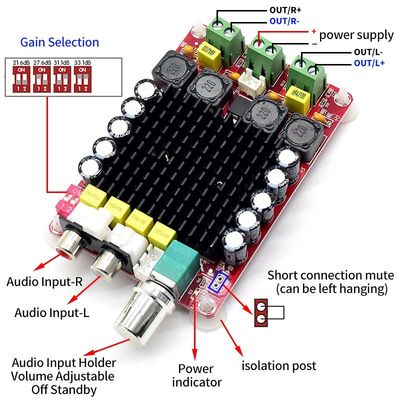 CA-7498 Bảng khuếch đại kỹ thuật số DC14-34V 2 * 100W Bảo vệ quá nóng TDA7498