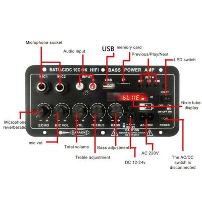 24V/220V Car Amplifier Mono Audio Amplifier với 120W Power Dual Microphone và Bluetooth cho Subwoofer và Karaoke