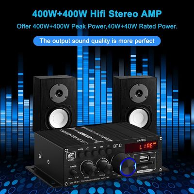AK-380 USB SD Audio Power Amplifier 400W 2.0 CH HiFi Stereo AMP Speaker Bluetooth 5.0 Amp Receiver với điều khiển từ xa cho nhà