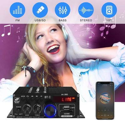 AK-380 USB SD Audio Power Amplifier 400W 2.0 CH HiFi Stereo AMP Speaker Bluetooth 5.0 Amp Receiver với điều khiển từ xa cho nhà