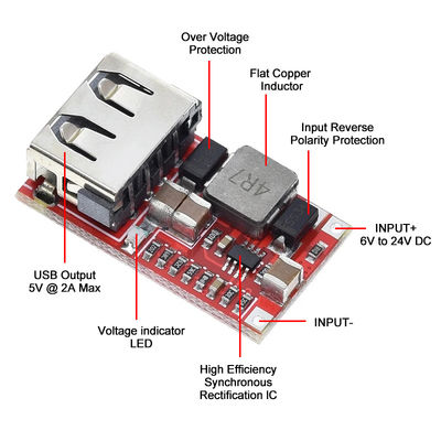 CA-025 Chuyển đổi DC-DC hiệu quả Thẻ phát triển bộ sạc USB 6V-24V 24V 12V đến 5V 97,5% Buck Module cho nguồn điện xe hơi