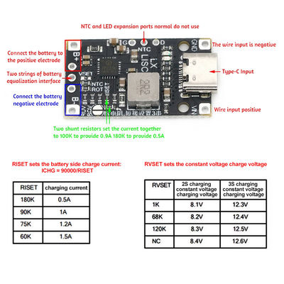 Loại C USB 2/3S BMS 15W 8.4V 12.6V 1.5A Lithium Battery Charging Boost Module với hỗ trợ cân bằng Sạc nhanh với chỉ số