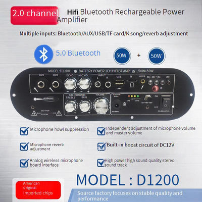 D1200 2.0 kênh 50W + 50W BT bảng khuếch đại kỹ thuật số 12V Sạc lại cho sử dụng DJ gia đình xe hơi
