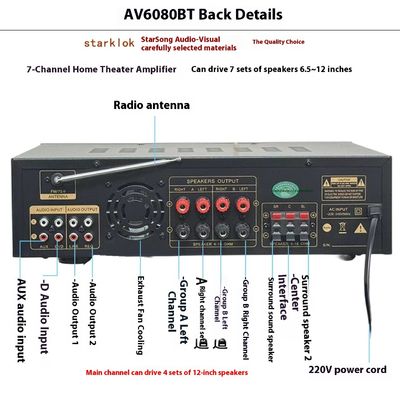 AV-6080BT 1000W 7-Channel cố định ức chế khuếch đại gia đình xe hơi máy thu kim loại USB Flash thẻ SD BT Wireless Player toàn cầu