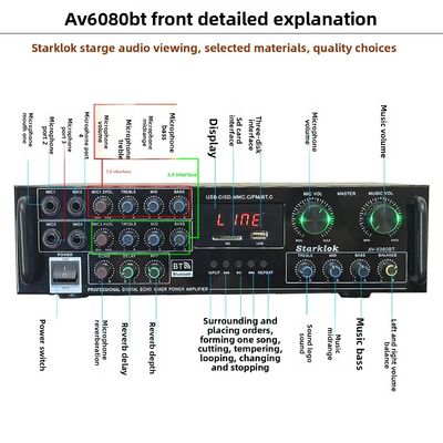 AV-6080BT 1000W 7-Channel cố định ức chế khuếch đại gia đình xe hơi máy thu kim loại USB Flash thẻ SD BT Wireless Player toàn cầu