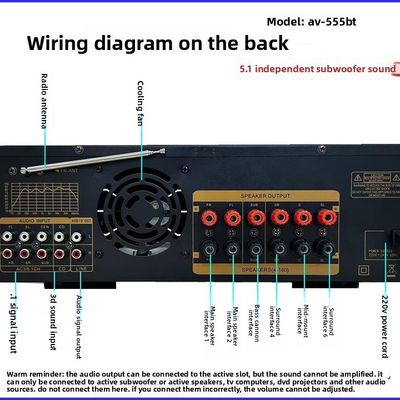 AV-555BT Professional 5.1 Channel Dynamic Spectrum Amplifier 600W Subwoofer gia đình công suất cao với cấu trúc kim loại
